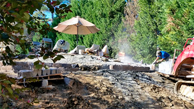 Construction underway on the retaining wall.